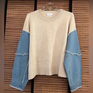 Frayed Denim Sleeve Sweater in Beige- large